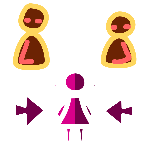 2 simple brown figures with yellow line art have a horizontal line between them. Attached in the center to the line is a vertical line pointing down at a pink figure with a triangle shaped dress and pigtails. Half of the figure is a lighter pink than the other half. Two pink arrows point at the figure from either side. The image has light line art.
